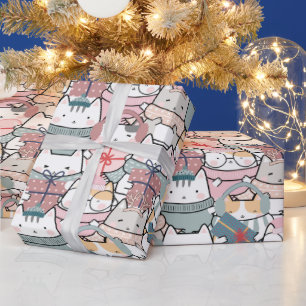 Papier Cadeau Papier d'enveloppement de chats de Noël Pastel
