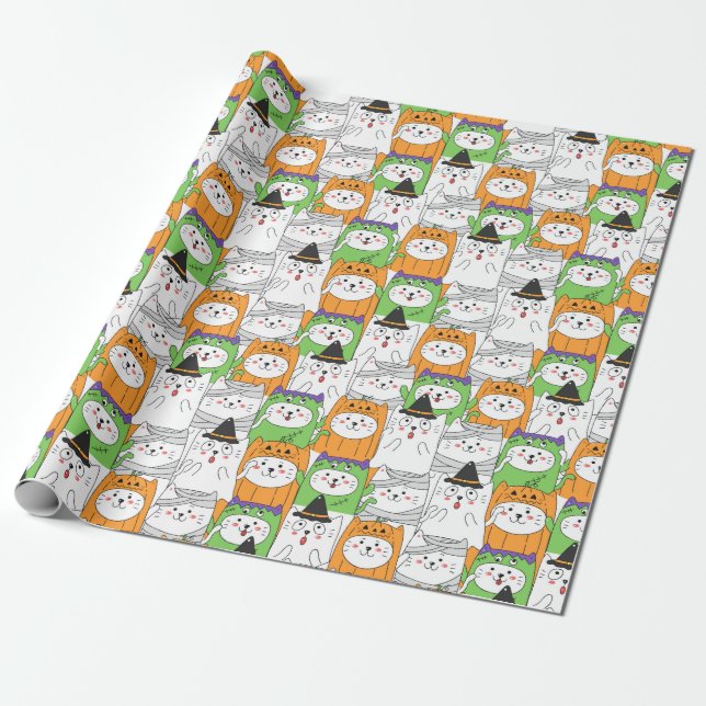 Papier Cadeau Papier d'enveloppement de chats d'Halloween (Déroulé)