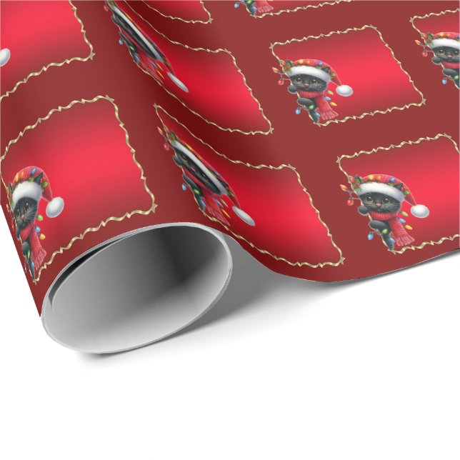 Papier Cadeau Papier d'enveloppement de chats noirs de Noël (Coin rond)