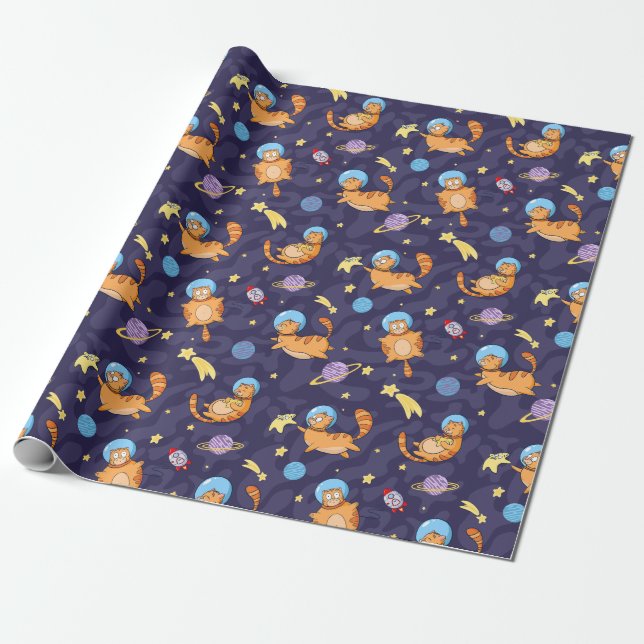 Papier Cadeau Papier d'enveloppement de chats spatiaux (Déroulé)
