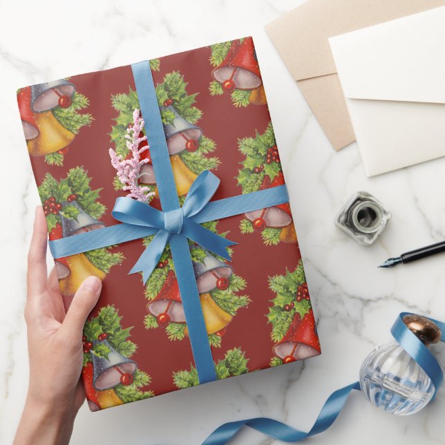 Papier Cadeau Papier d'enveloppement de cloches de Noël rouge fo (Cadeaux)