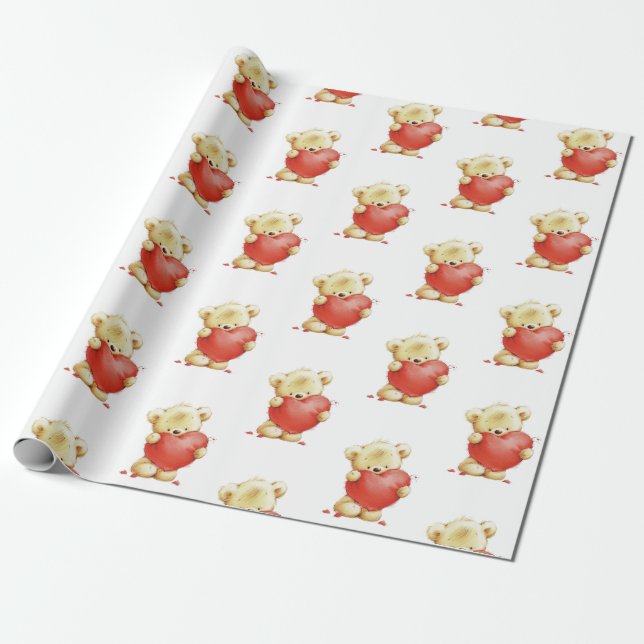 Papier Cadeau Papier d'enveloppement de coeur rouge de l'ours Br (Déroulé)