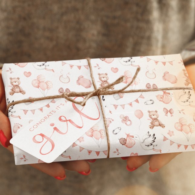 Papier Cadeau Papier d'enveloppement de douche pour bébé (Celebrate a new baby girl with this adorable watercolor bear and stork wrapping paper! )