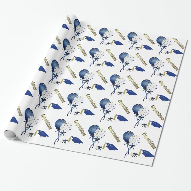 Papier Cadeau Papier d'enveloppement de graduation bleu, or et b (Déroulé)