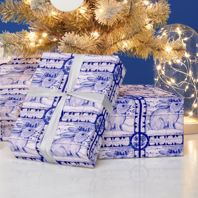 Papier Cadeau Papier d'enveloppement de lapin de Noël bleu et bl (Vacances)