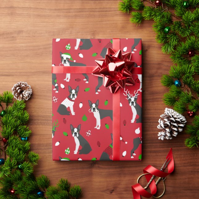 Papier Cadeau Papier d'enveloppement de Noël Boston Terrier (Cadeau de vacances)