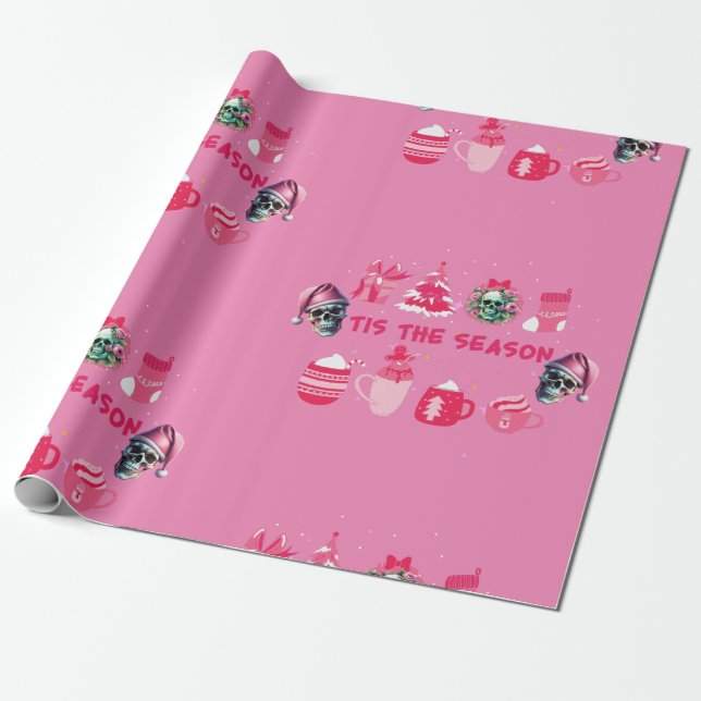 Papier Cadeau Papier d'enveloppement de Noël crâne rose (Déroulé)