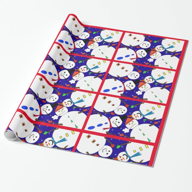 Papier Cadeau Papier d'enveloppement de Noël rouge Snowman (Déroulé)