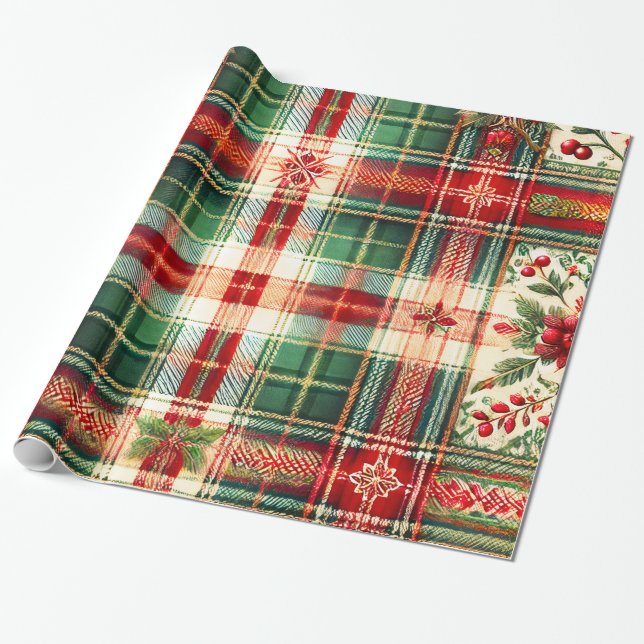 Papier Cadeau Papier d'enveloppement de Noël Tartan Festif (Déroulé)