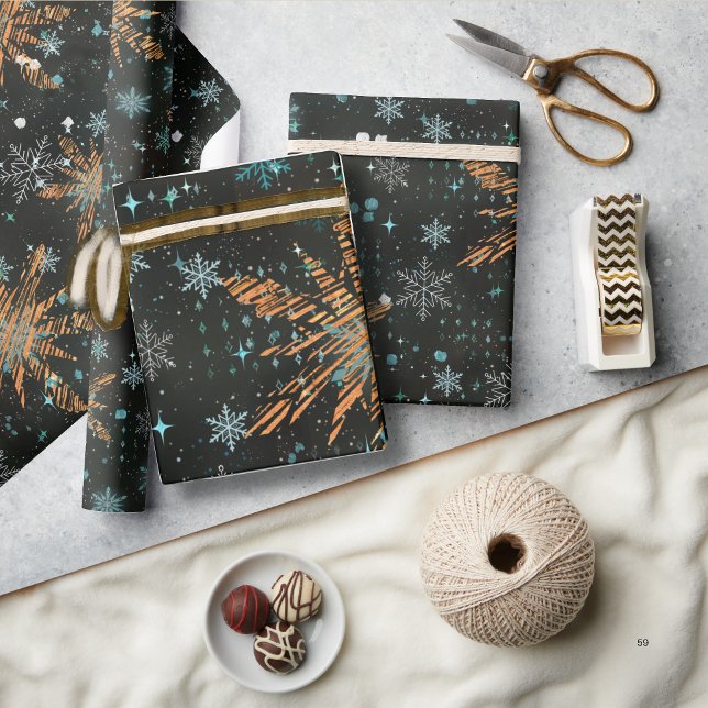 Papier Cadeau Papier d'enveloppement de Noël Turquoise or (Gold Teal Snowflake Christmas Wrapping paper)