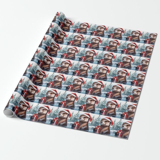 Papier Cadeau Papier d'enveloppement de Otter de Noël (Déroulé)
