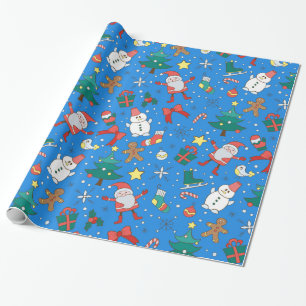 Papier Cadeau Papier d'enveloppement de Père Noël et d'amis bleu