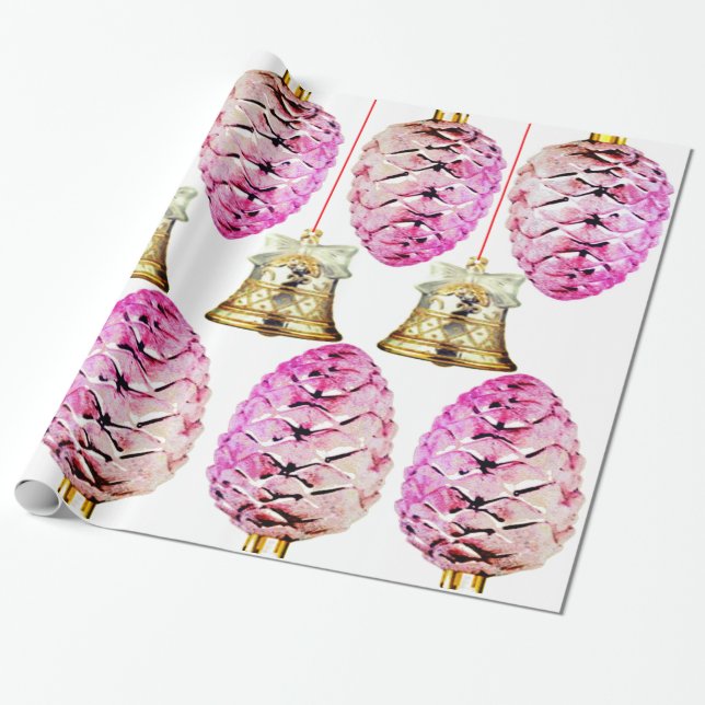 Papier Cadeau Papier d'enveloppement de pinecones et cloches ros (Déroulé)