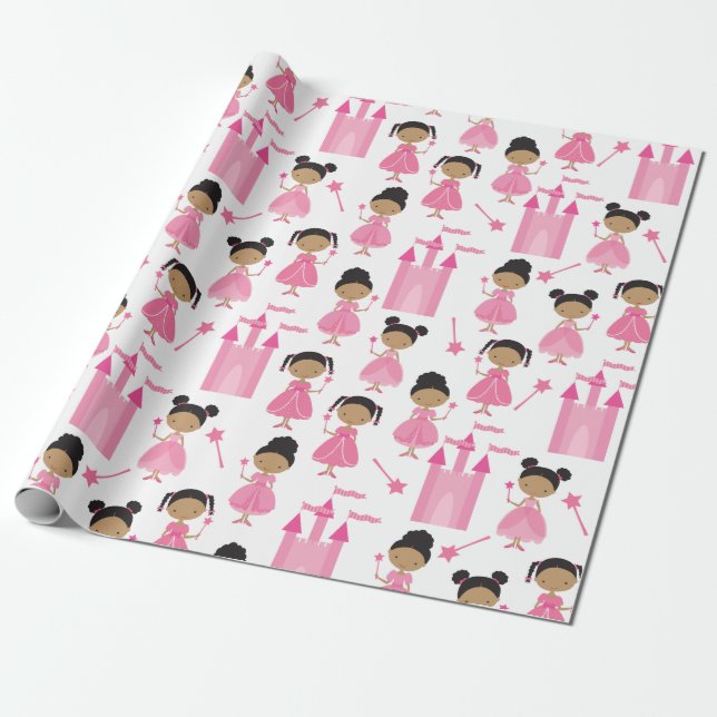 Papier Cadeau Papier d'enveloppement de princesse rose afro-amér (Déroulé)
