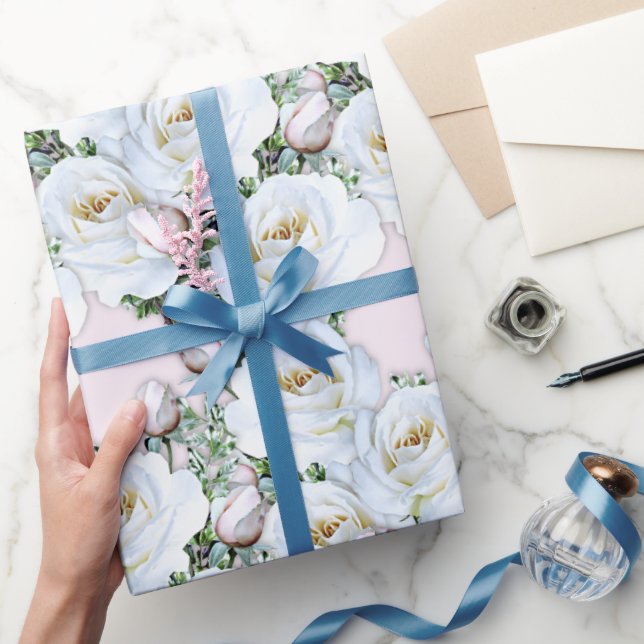 Papier Cadeau Papier d'enveloppement de roses blanches sur roule (Cadeaux)