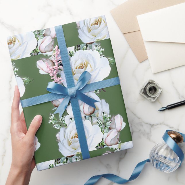 Papier Cadeau Papier d'enveloppement de roses blanches sur roule (Cadeaux)