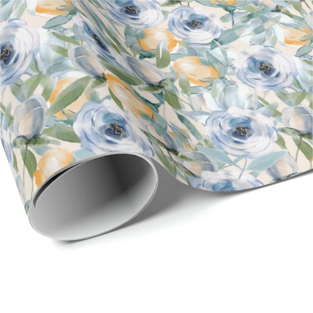 Papier Cadeau Papier d'enveloppement de roses bleu et jaune (Coin rond)