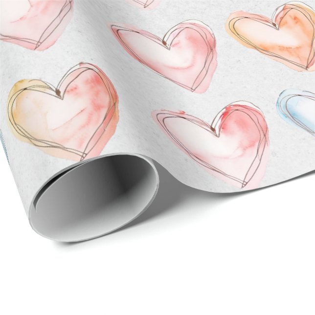 Papier Cadeau Papier d'enveloppement des coeurs d'aquarelle (Coin rond)