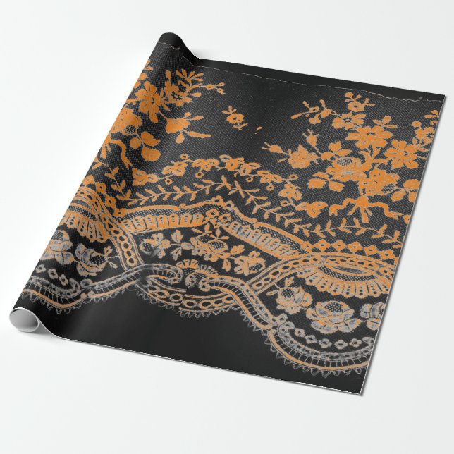 Papier Cadeau Papier d'enveloppement en LACE NOIR ET ORANGE (Déroulé)