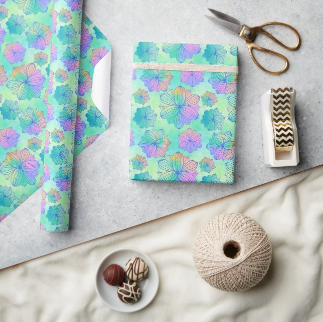 Papier Cadeau Papier d'enveloppement Floral Arc-en-ciel Pastel (Artisanat)