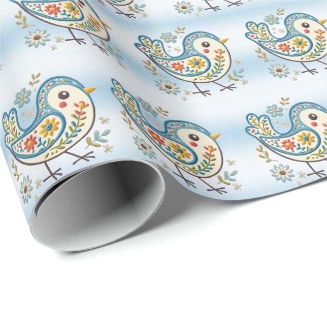 Papier Cadeau Papier d'enveloppement floral aux oiseaux bleus (Coin rond)