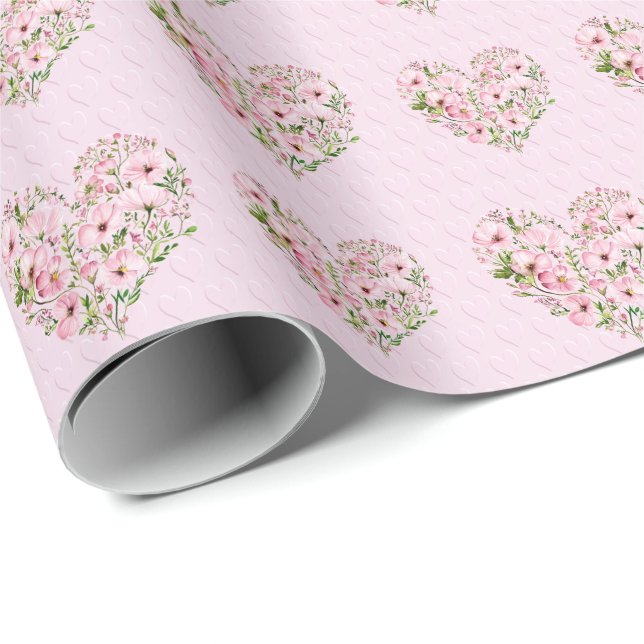 Papier Cadeau Papier d'enveloppement Floral Coeur Rose (Coin rond)