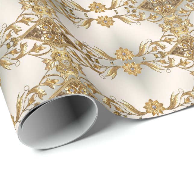 Papier Cadeau Papier d'enveloppement Floral Feuille Golden Wavy (Coin rond)