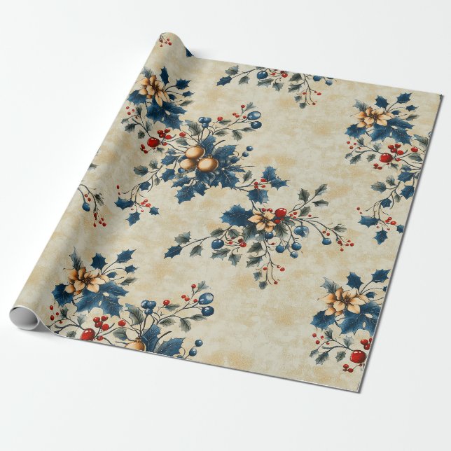 Papier Cadeau Papier d'enveloppement floral nostalgique de Noël (Déroulé)