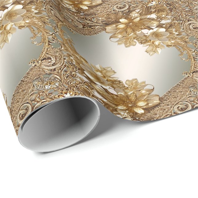 Papier Cadeau Papier d'enveloppement floral orné d'or moderne (Coin rond)