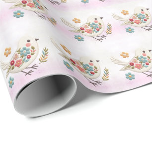 Papier Cadeau Papier d'enveloppement floral petit oiseau blanc