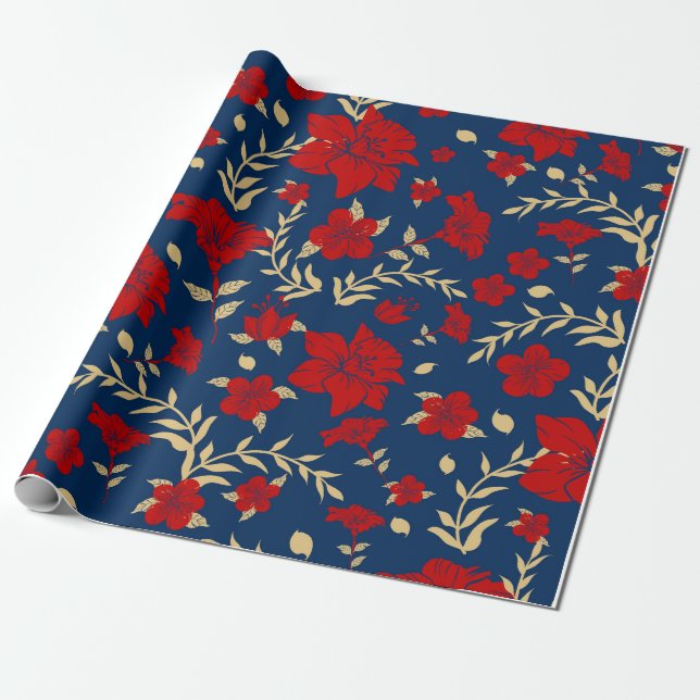 Papier Cadeau Papier d'enveloppement Floral Rouge et Or (Déroulé)