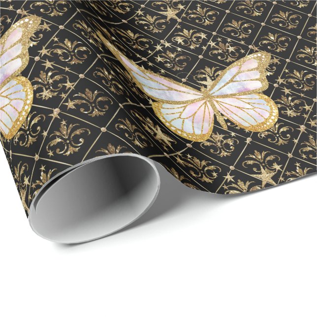 Papier Cadeau Papier d'enveloppement Gold Butterfly & Stars (Coin rond)