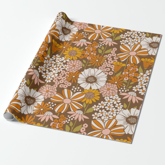 Papier Cadeau Papier d'enveloppement les années 70 floral rétro (Déroulé)