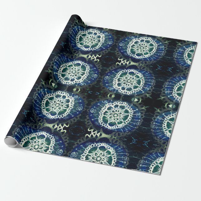 Papier Cadeau Papier d'enveloppement mat, mandala bleu blanc (Déroulé)