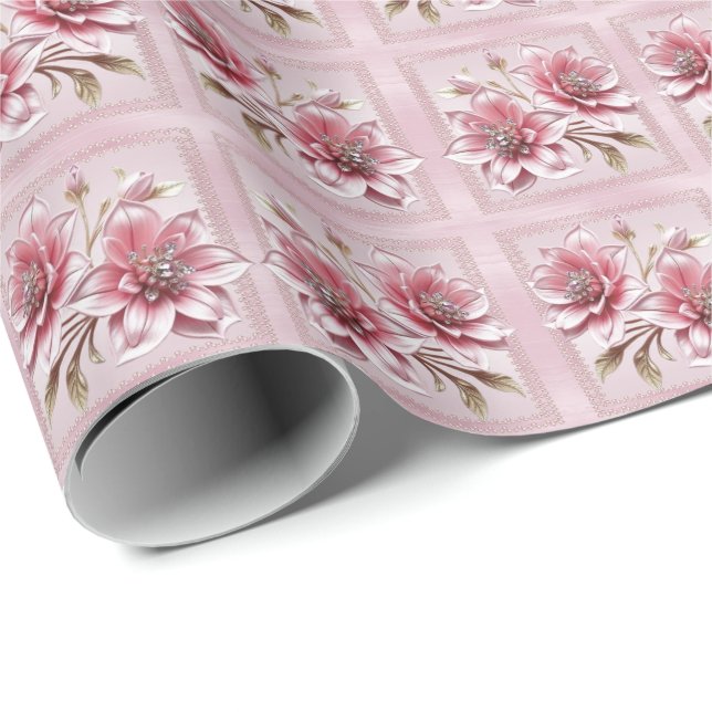 Papier Cadeau Papier d'enveloppement moderne aux fleurs roses (Coin rond)
