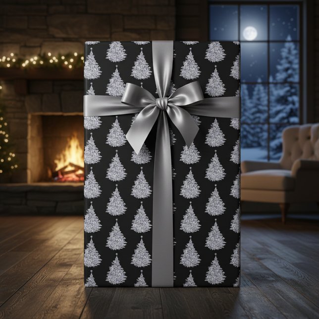 Papier Cadeau Papier d'enveloppement noir et blanc de Noël (Christmas Black & White Tree Wrapping Paper )