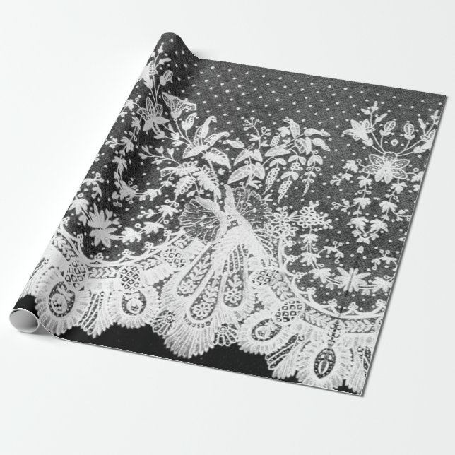 Papier Cadeau Papier d'enveloppement NOIR ET BLANC EN LACE ANTIQ (Déroulé)