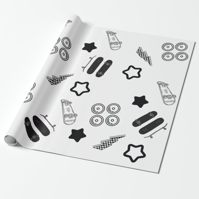 Papier Cadeau Papier d'enveloppement pour skateboard noir et bla (Déroulé)