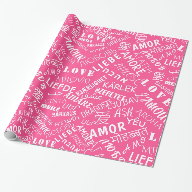 Papier Cadeau Papier d'enveloppement rose avec texte d'amour mul (Déroulé)