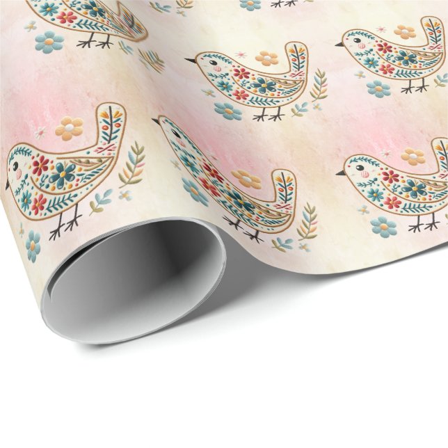 Papier Cadeau Papier d'enveloppement rose fleuri Little Bird (Coin rond)