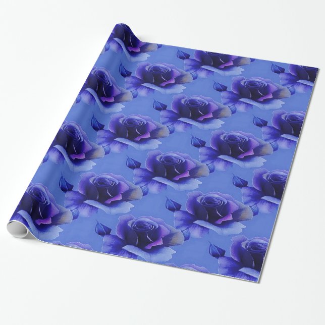Papier Cadeau Papier d'enveloppement Rose Floral bleu (Déroulé)