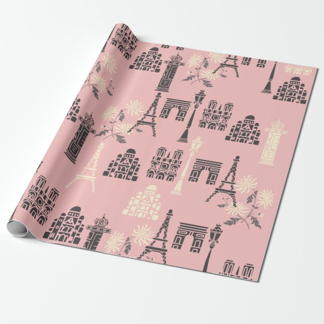 Papier Cadeau Papier d'enveloppement rose Paris (Déroulé)