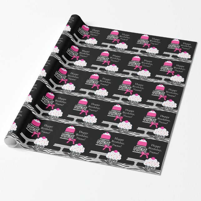 Papier Cadeau Papier d'enveloppement rose Zebra Cake et Cupcake (Déroulé)