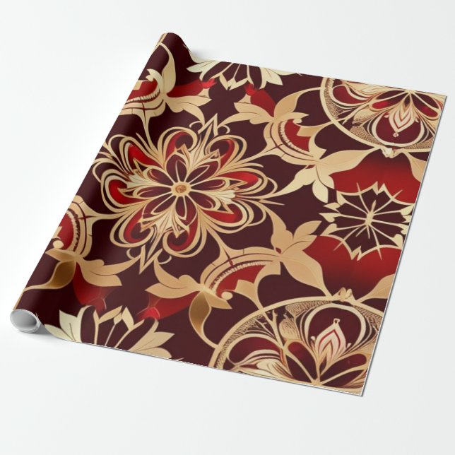 Papier Cadeau Papier d'enveloppement rouge or AI Art Luxe (Déroulé)
