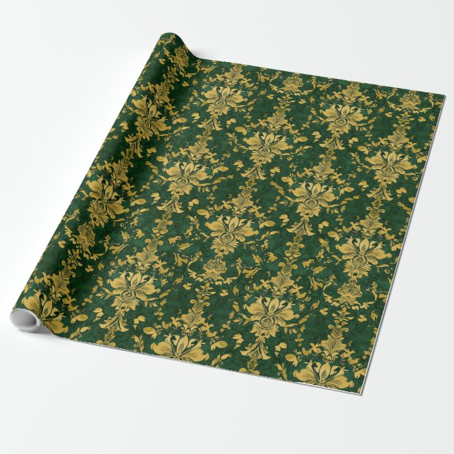 Papier Cadeau Papier d'enveloppement victorien vert et or (Déroulé)