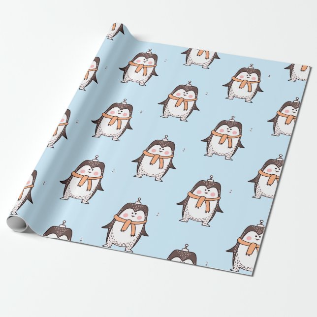 PAPIER CADEAU PAPIER EN PINGOUIN CLAIR BLEU CUT (Déroulé)
