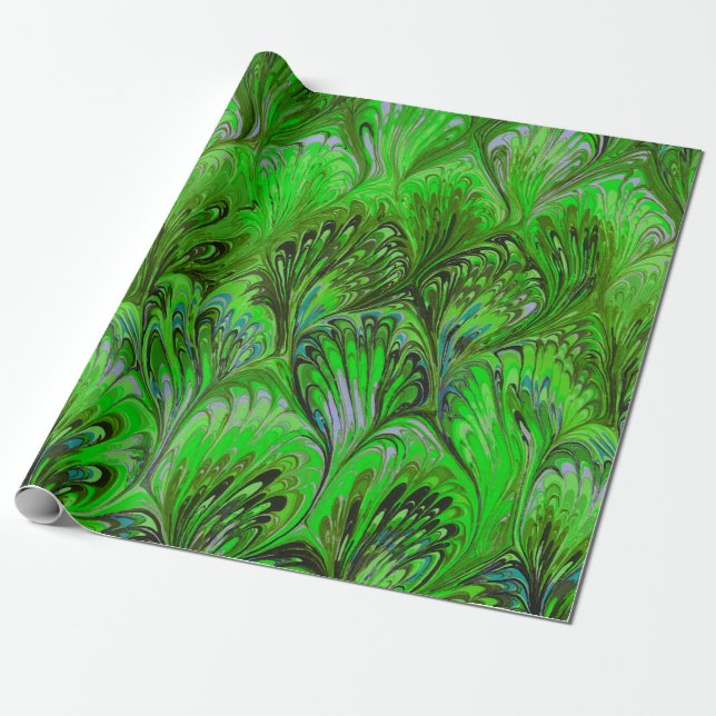 PAPIER CADEAU PAPIER MARBÉ, MOTIF ABSTRAIT VERT PEACOCK (Déroulé)