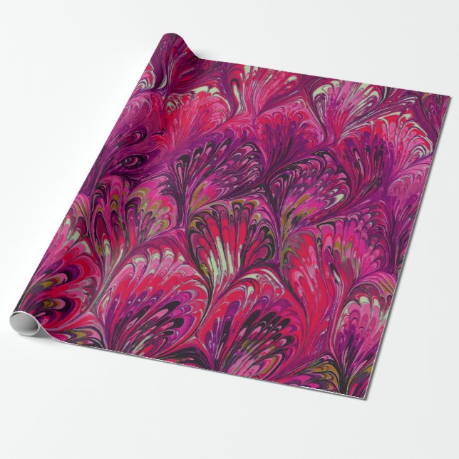 PAPIER CADEAU PAPIER MARBÉ, MOTIF PINK PEACOCK ABSTRAIT (Déroulé)