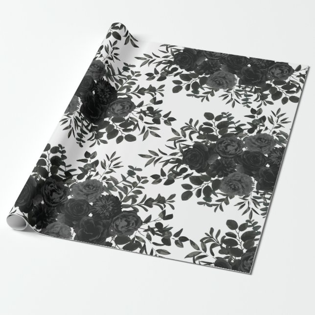 Papier Cadeau Papier Mariage gothique Rose blanc et noir (Déroulé)