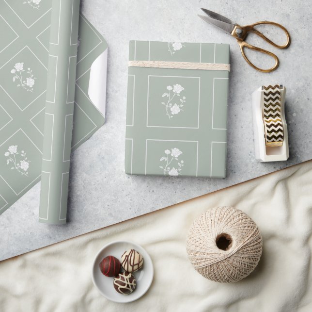 Papier Cadeau Papier Mariage Rose vert Sage (Artisanat)